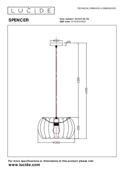 Lucide SPENCER - Hanglamp - Ø 30 cm - 1xE27 - Grijs - technisch